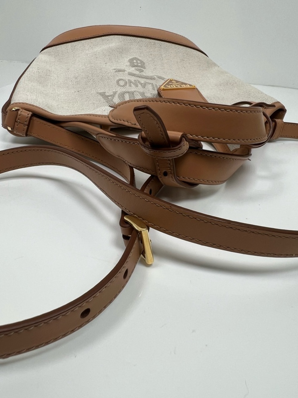 Prada Medium Canvas Leather Logo Tote Bag Natural Tan Crossbody Shoulder Italy - Picture 6 of 13